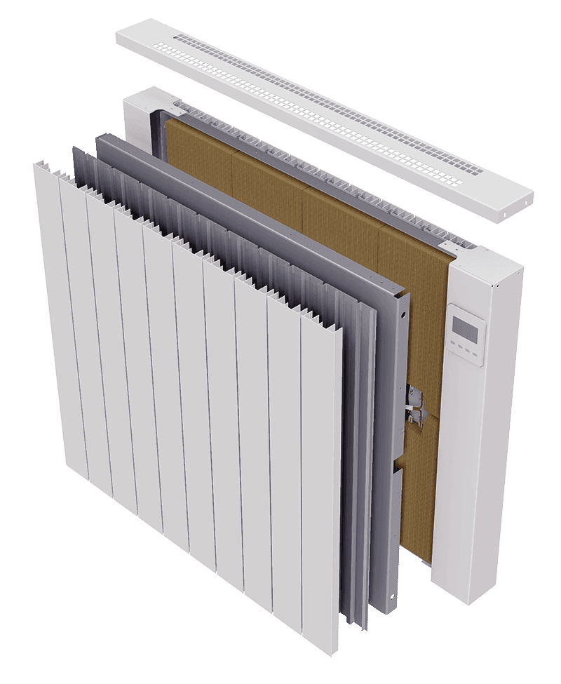 Opengewerkte Jawotherm radiator met de Koalit kern van speksteen zichtbaar