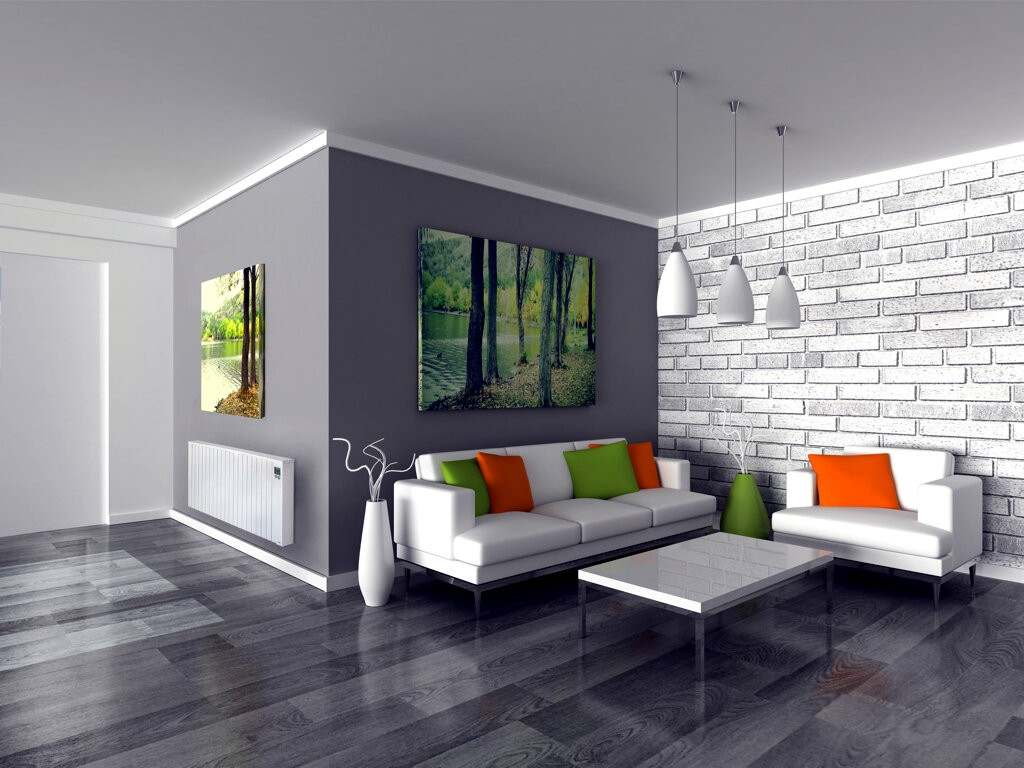 Moderne woonkamer met een witte Jawotherm radiator aan de wand